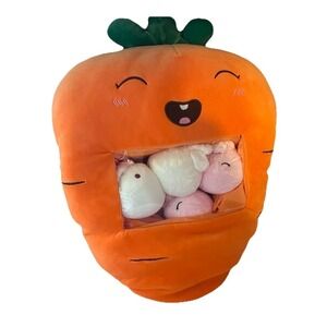 Carrot Plush Pillow with Zipper Pocket and 4 Mini Stuffed Bunny Rabbits 14 Inch